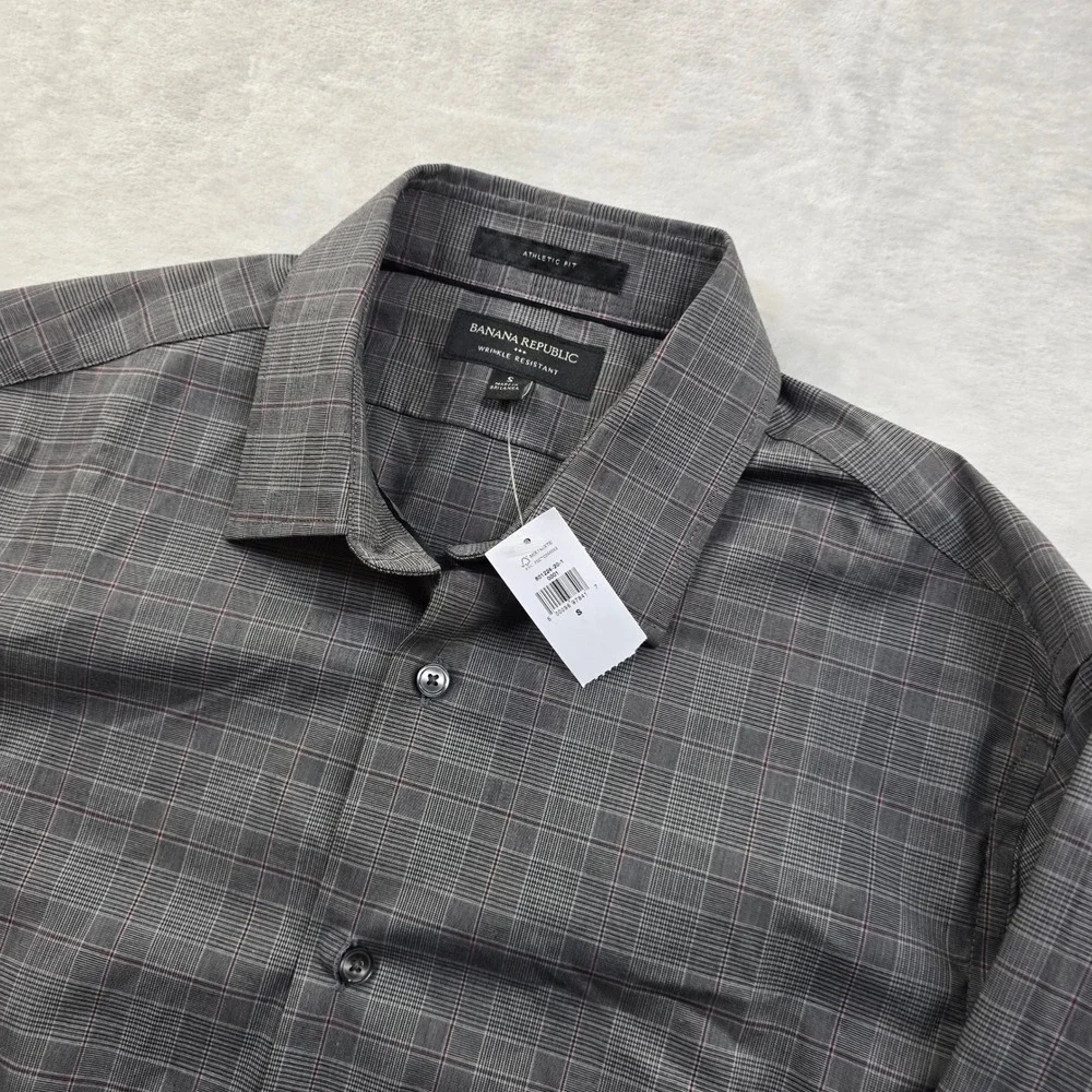 Banana Republic Casual Shirt‎ Mens Small Grey Cotton Plaid Athletic Fit NEW